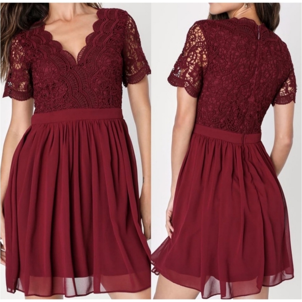 Lulus Angel in Disguise Burgundy Lace Skater‎ Dress Size Medium